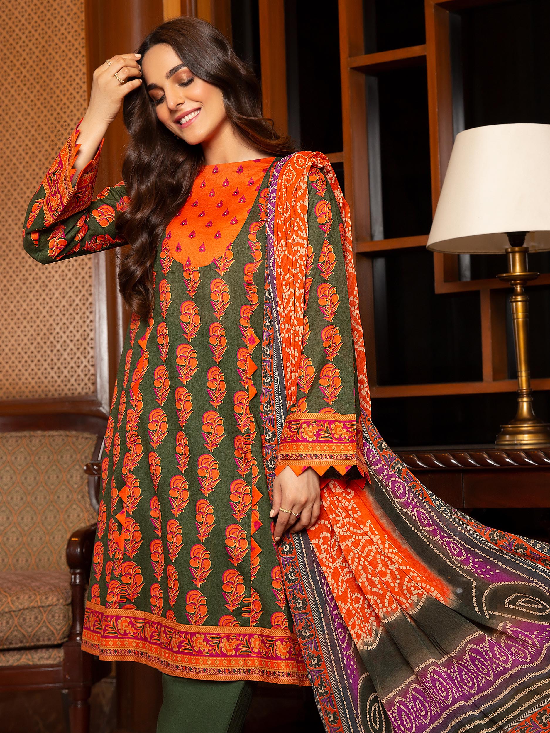 PRINTED LAWN 3PC SUIT orng